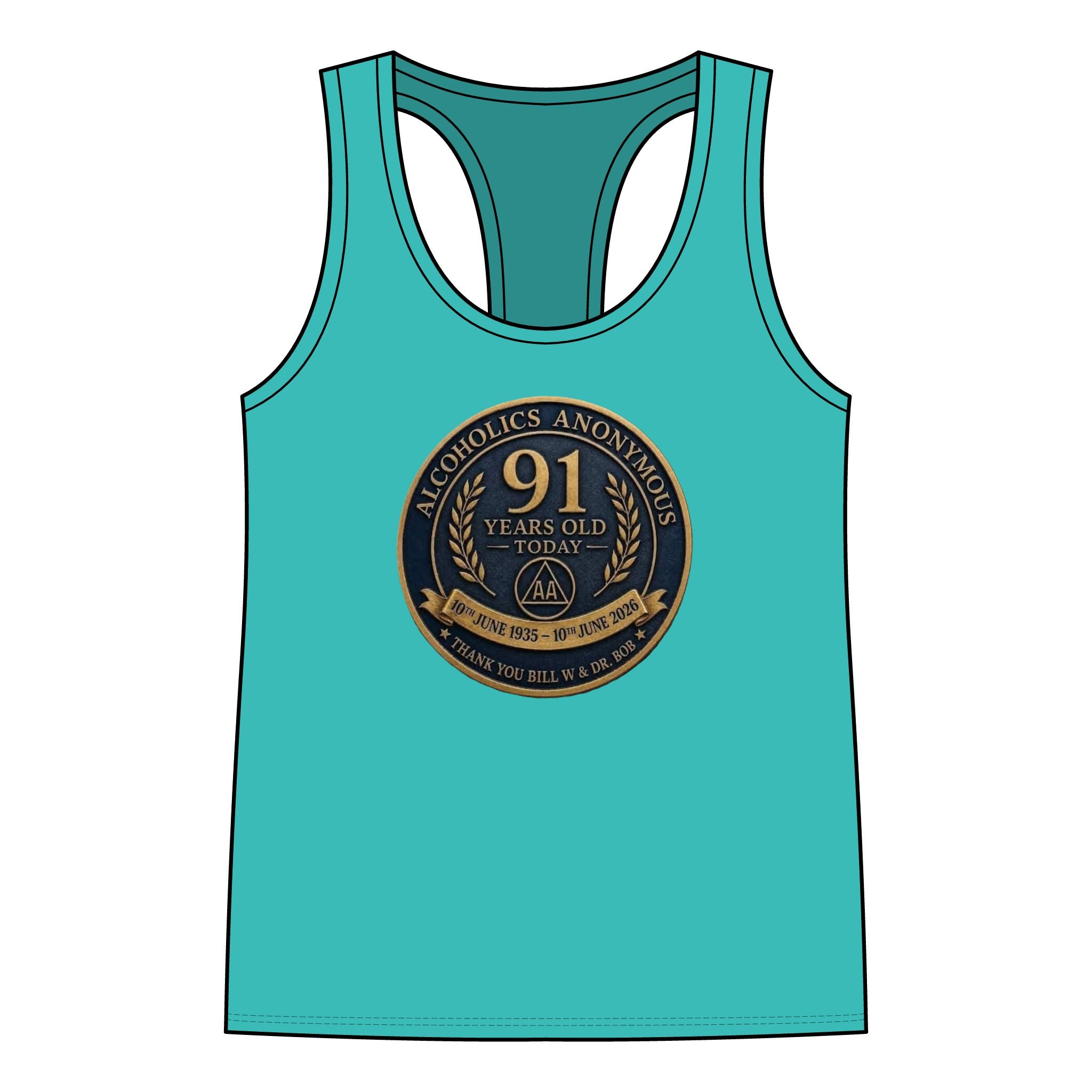 AA 91 Years Anniversary Women’s Racerback Tank — “Alcoholics Anonymous 91 Years Old Today” Commemorative Tank Top